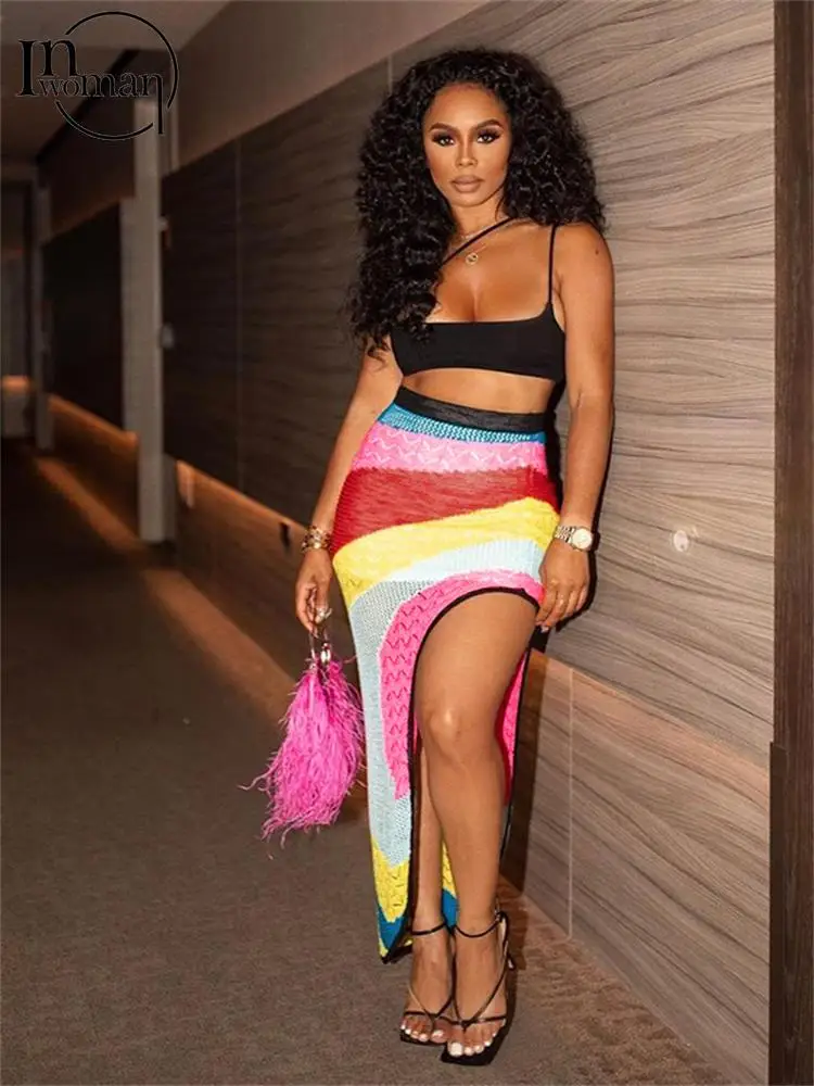 

Inwoman Summer Sexy Mesh Color Print Skirt Club Outfit Women 2022 High Waist Patchwork Skirt Female See Though Side Slit Skirt