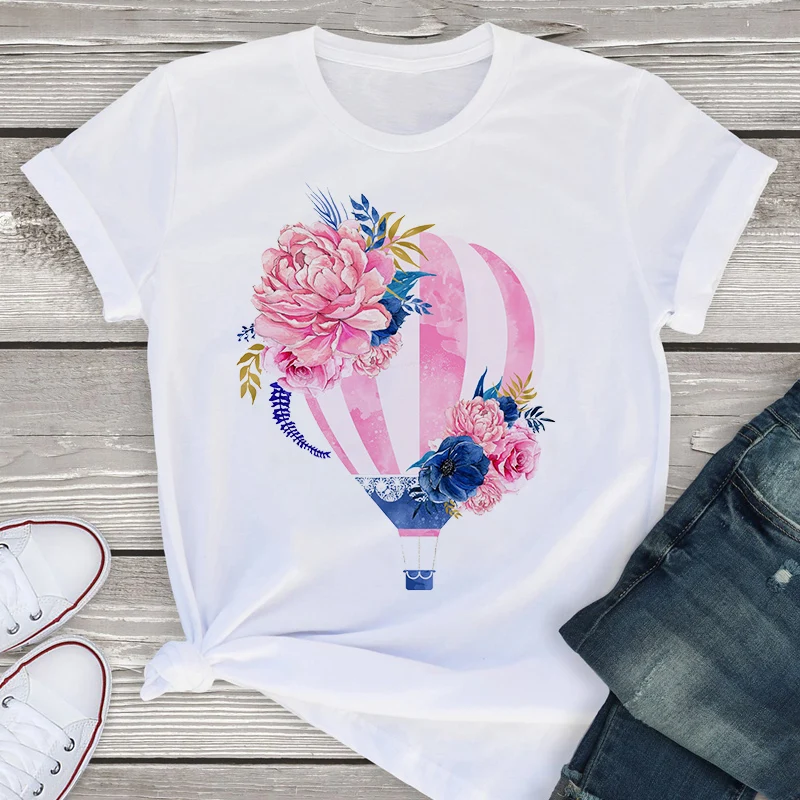 

Fashion Flower Women T Shirt Harajuku Floral Pattern Hot Air Balloon Print Ladies T-shirt Summer New Loose Casual Female Tops