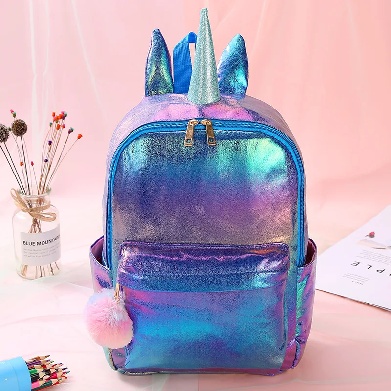 Girls School Bags Unicorn Backpack Laser Pu Multi Color Rugzak Waterproof  Bookbags For Women with Pom Pom 34X24X10CM Large
