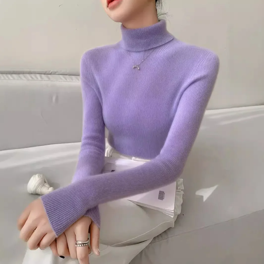 Женский свитер из 100% шерсти утягивающий внутренний топ-поло с высоким воротником