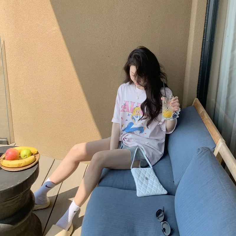 

Pink short sleeved T-shirt women's spring and summer Korean loose cotton round neck medium and long bottoming shirt