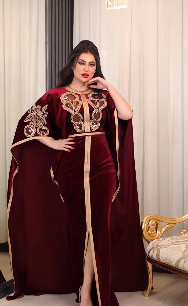 2023 Summer Autumn Muslim Fashion Women Half Sleeve O-neck Velvet Sequined Party Wedding Long Abaya Muslim Dresses Abaya Dress