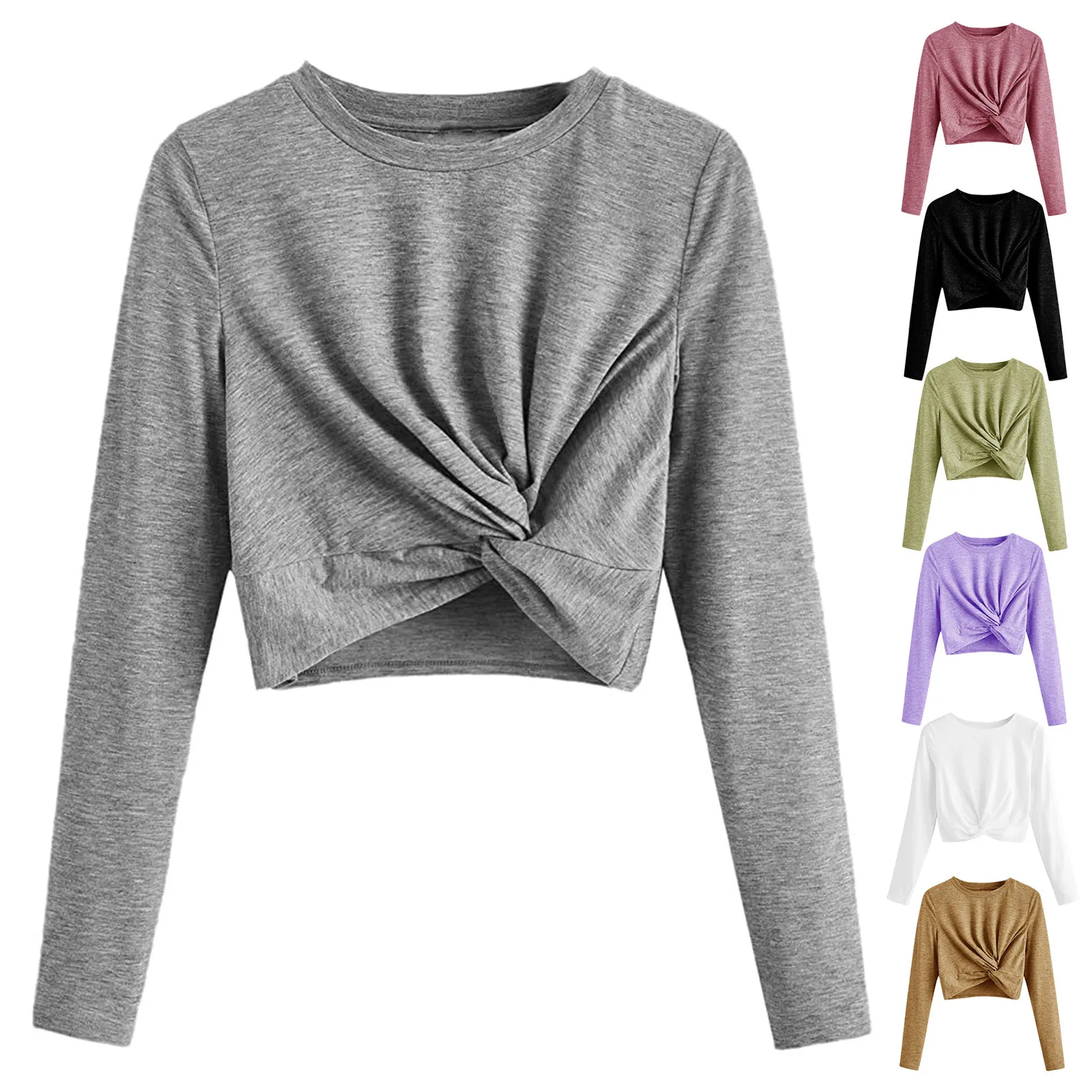 

Womens Cropped Round Neck Crop Top Long Sleeve Sexy Knot Slim Fit Solid Color Basic Top Basics Women's Tee