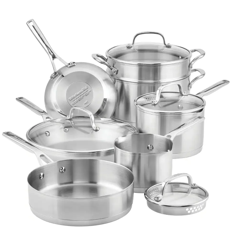 

11-Piece 3-Ply Base Stainless Steel Cookware Set, Silver