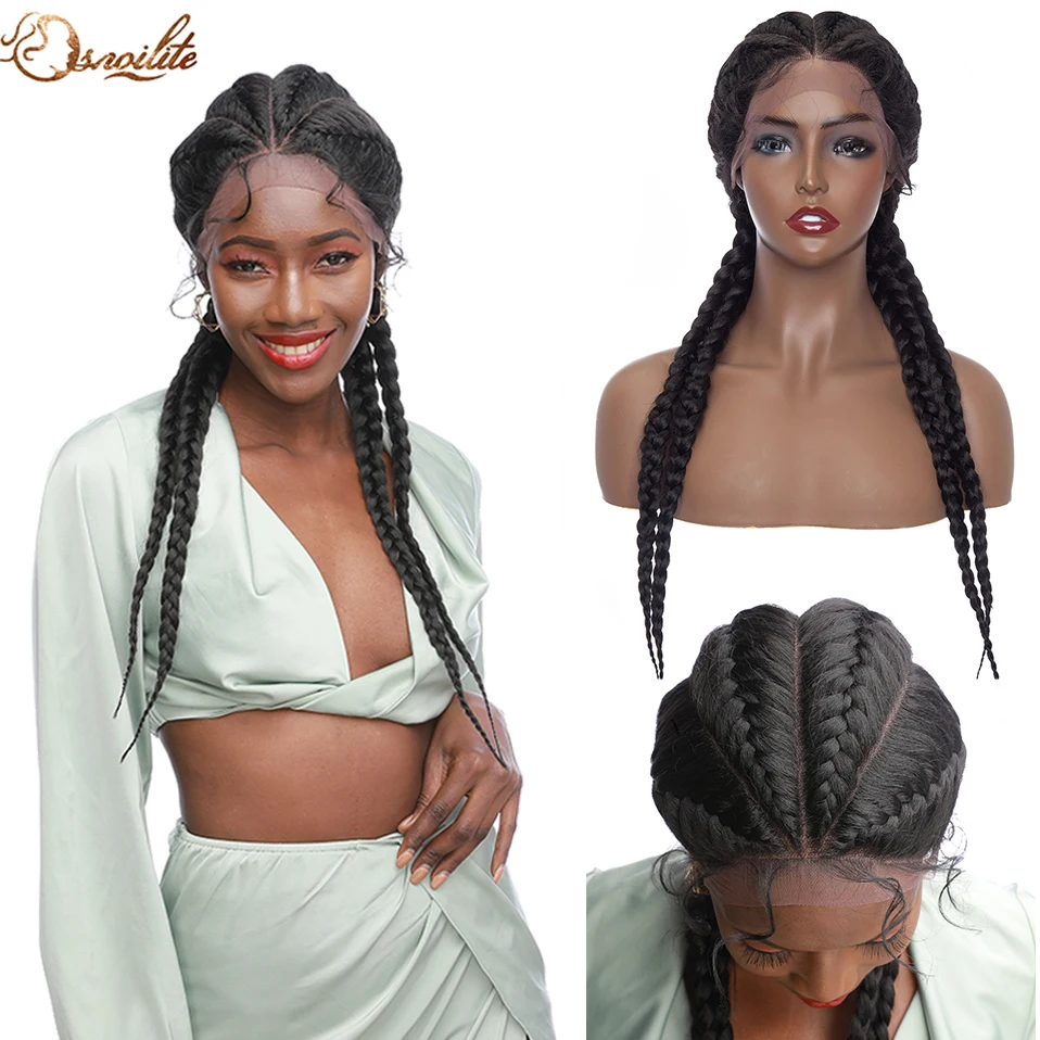 S-noilite Synthetic 27inch Braided Lace Front Wig Cornrow Box Braids Wig With Baby Hair Double Dutch Box Braided Twist Wig