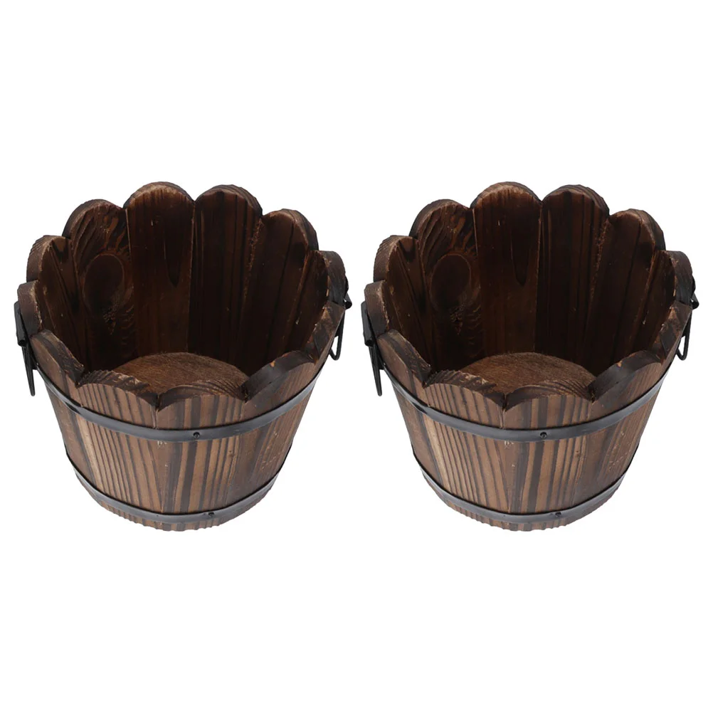 

2 Pcs Flower Pot Carbonized Wood Flowerpot Vegetable Planting Round Planter Medium Whiskey Barrel Small Container Decor