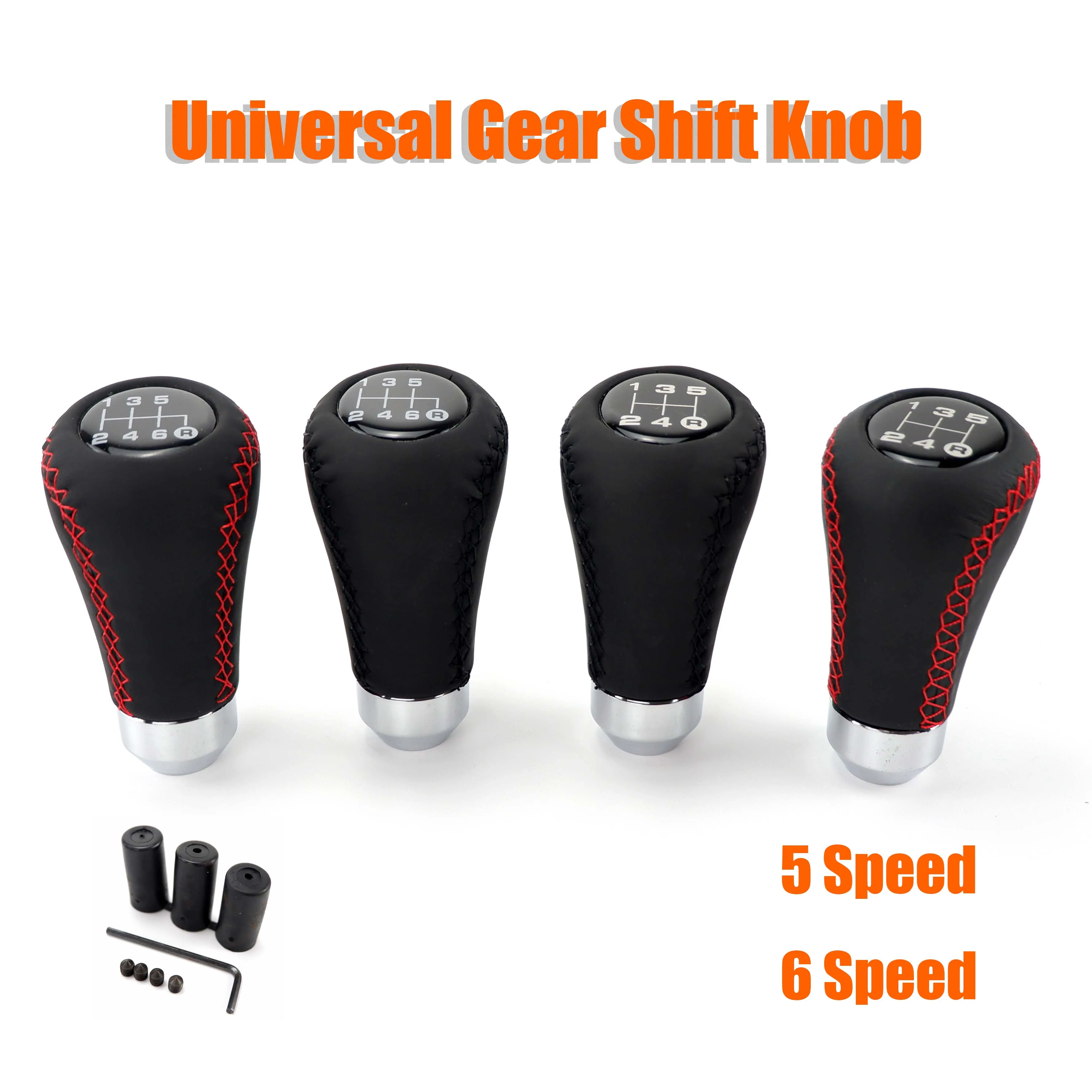 Universal Car Gear Shift Knob Gear Stick 5 / 6 Speed Manual Shifter Lever Black Red Line Stitche PU Leather