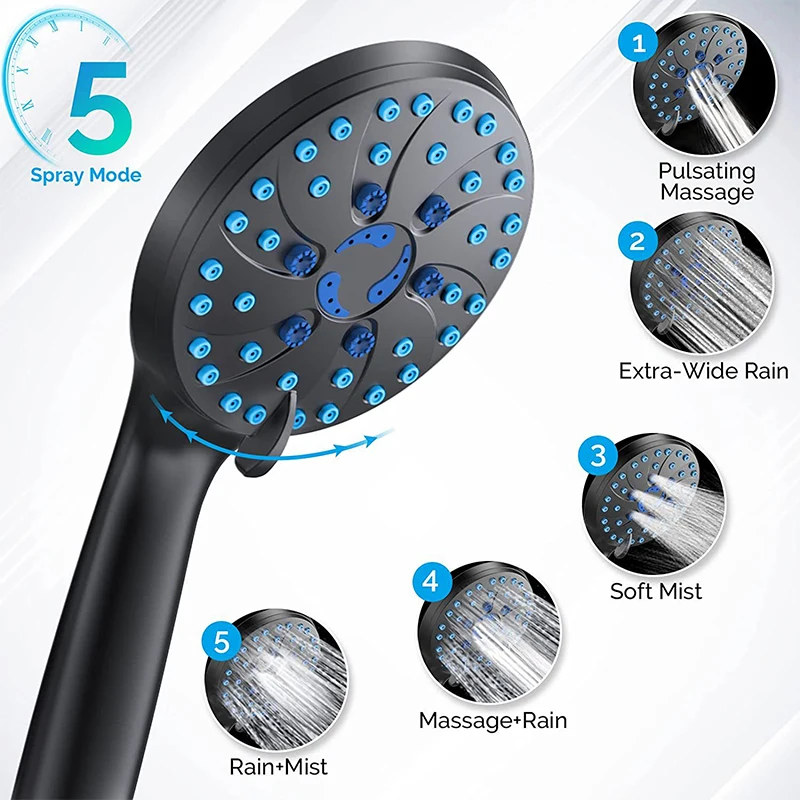 

High Pressure 6 Functions Shower Head with handheld Luxury Modern Black Look Built-in Power Spray to Clean Corner Tub and Pets