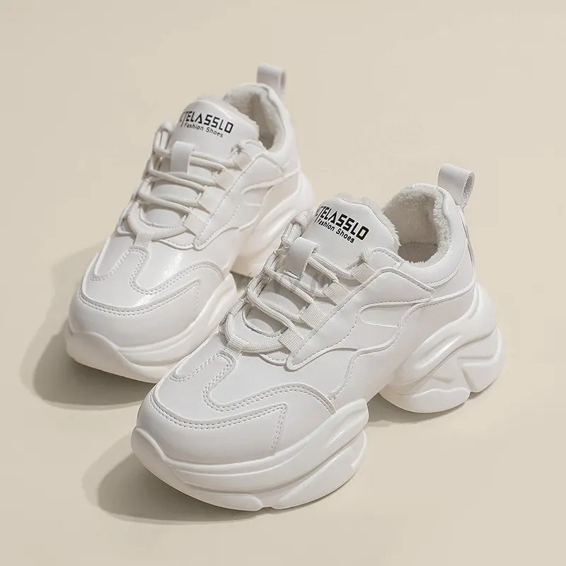 2023 Genuine Leather Autumn and winter cashmere Casual Women's Shoes Fashionable All-Match Comfortable Platform Lace-up Sneakers