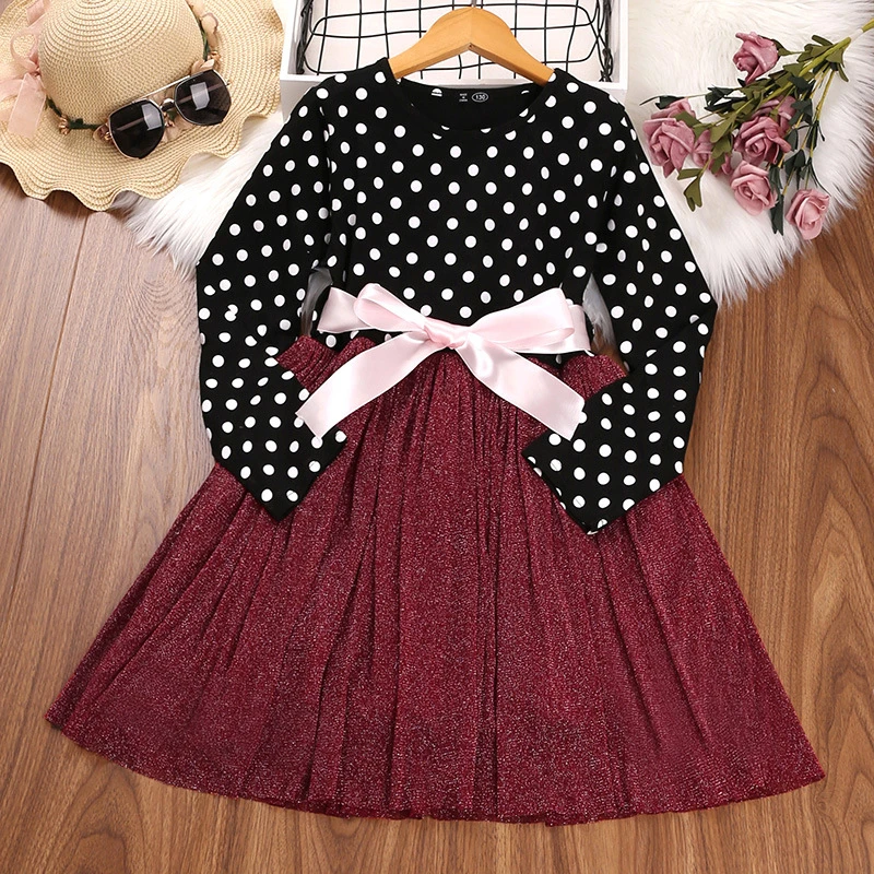 

Baby Girl Dress 2022 Spring New Fashion Polka Dot Bow Mesh Princess Dresses for Girls Long Sleeve Kids Clothes Girls Costumes