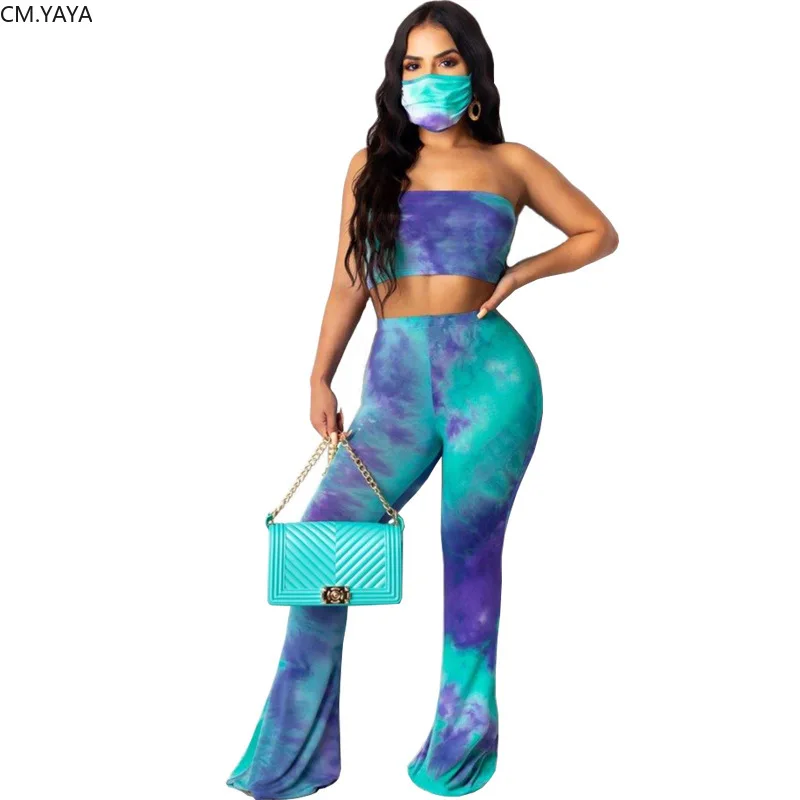 CM.YAYA Tie Dye Women Two Piece Set Strapless Crop Tops Wide Leg Flare Pants Suit Fashion Tracksuit Fitness Outfit Matching |