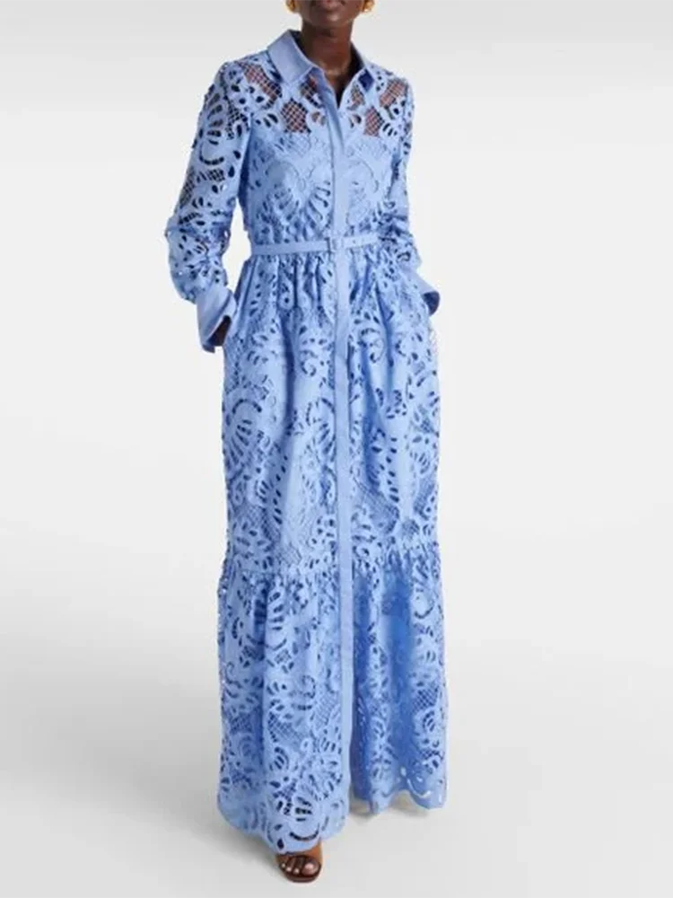 Женское ажурное платье с поясом VGH элегантное лоскутное отложным воротником и