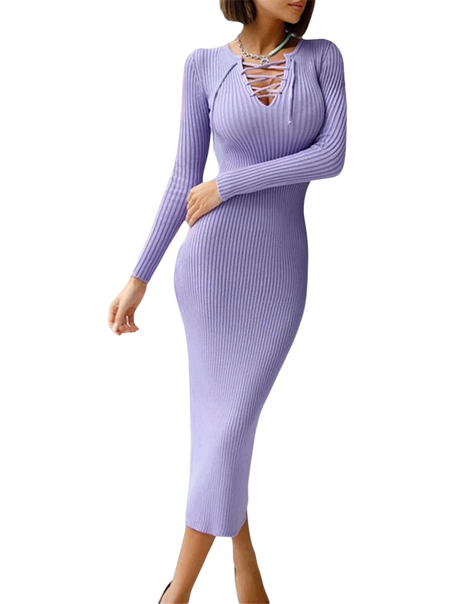 

Женское трикотажное платье с V-образным вырезом и длинным рукавом