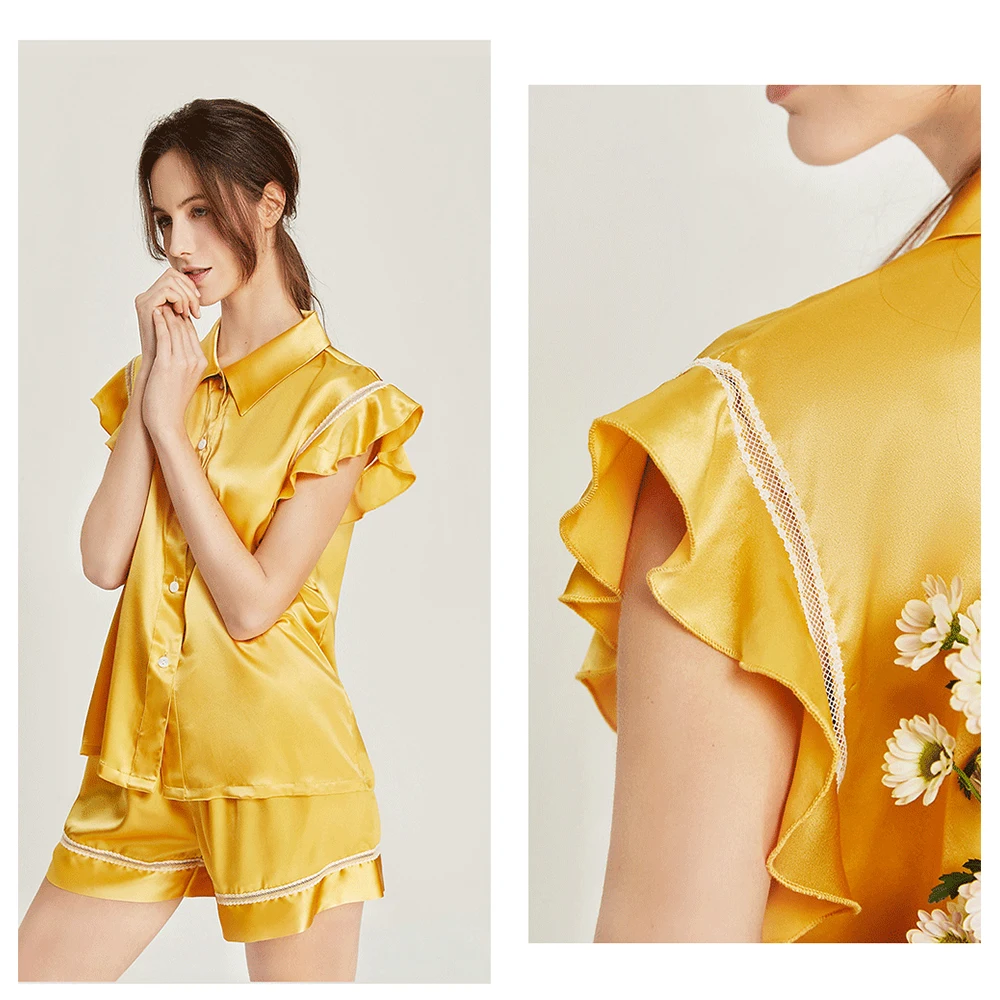 LiliRoms Yellow 100% Silk Pajamas Set Sleepwear 22 Momme Luxury Natural Silky Shorts Sleep Women's Clothing Free Shipping