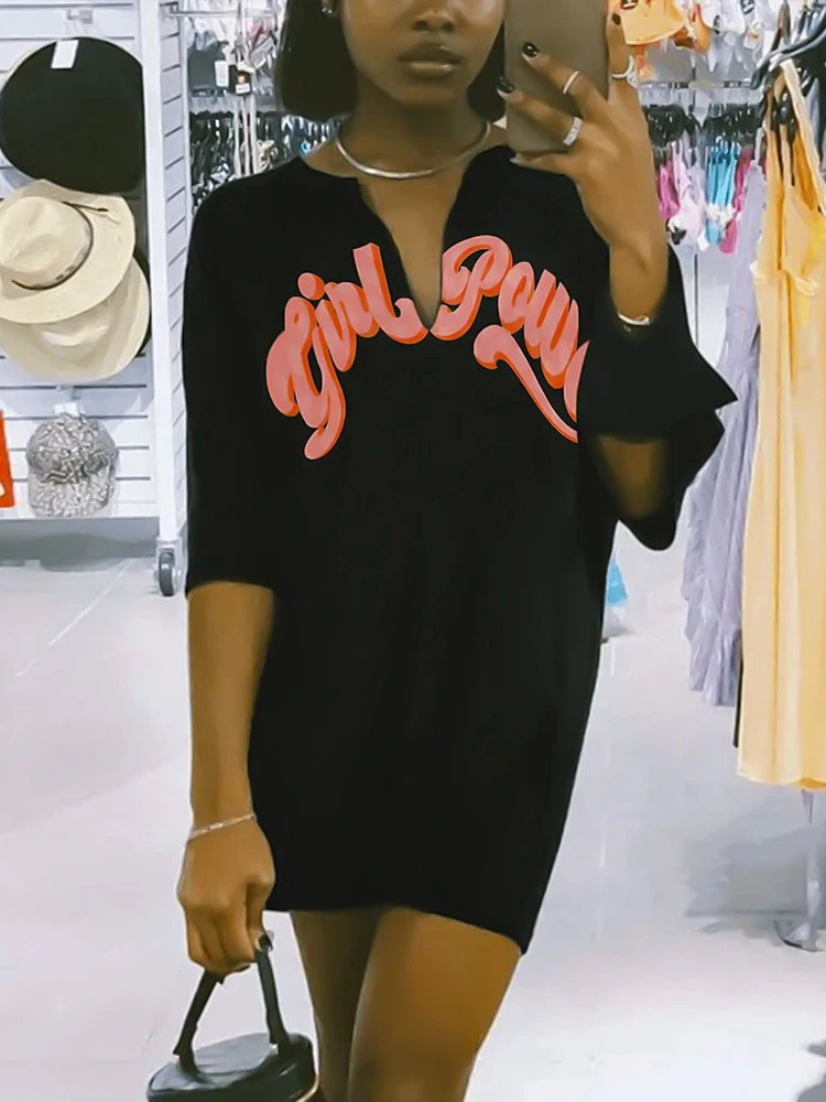 

2022 New Summer Black Fashion Blouse Printed Loose Long T-Shirt Dress Pattern Y2k Shirt Nocturnal Beast