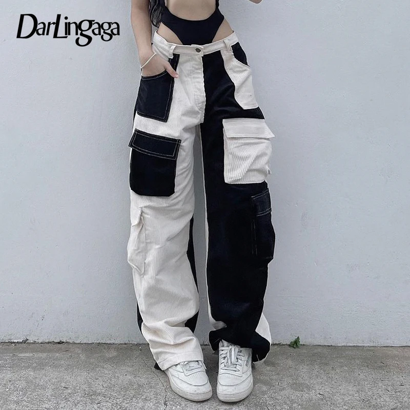 

Darlingaga Streetwear Patchwork Straight Leg Corduroy Pants Female Basic Pockets Baggy Trousers Contrast Color Sweatpants Bottom