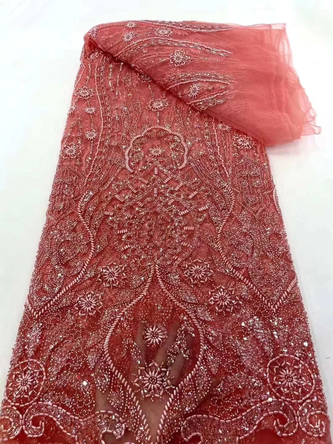 

African Sequins Lace Fabric Handmade Dry 2023 High Quality Nigerian Net Mesh Lace Fabrics Embroidery French Beads Lace Fabric