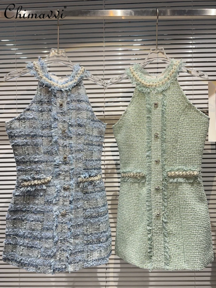 

Fashionable Rhinestone Beaded Hanging Collar Edge Tweed Waist Dress 2023 Summer New Commute Style Short Sleeveless Dress Women