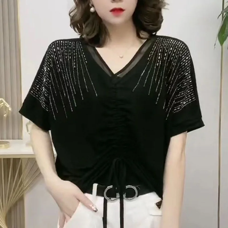 Stylish V-Neck Spliced Lace Up Bow Shirring Diamonds Blouse Women's Clothing 2023 Summer New Casual Pullovers Office Lady Shirt