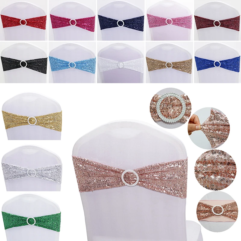 10pcs Rose Gold Silver Spandex Sequin Chair Bow Sash Lycra Stretch Glitter Chair Band With Round Buckle For Hotel Party Wedding