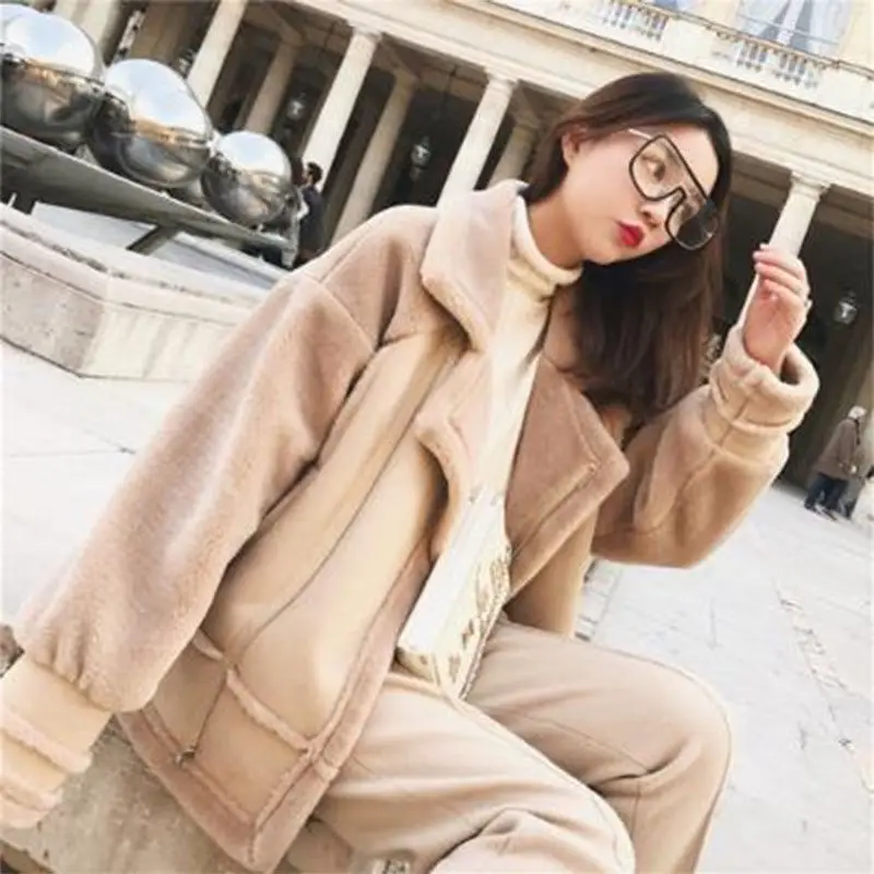 KoHuiJoo Faux Leather Suede Lambs Wool Coat Female Shearling Overcoat Thickening Warm Motorcycle Jacket Cotton-padded Clothes