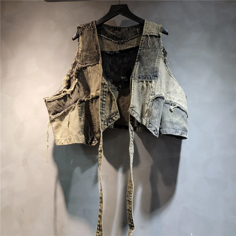 WTHT винтажные модные женские костюмы в стиле пэчворк бандажный джинсовый жилет