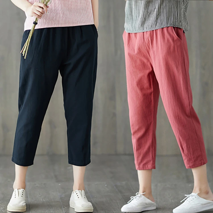 

Cotton Linen Pants Women's Summer Thin Loose Casual Pants Solid Color Capri Pants Versatile Elastic Waist Harlan Pants