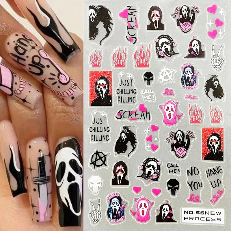 

Halloween 3D Ghost Face Fire Nail Sticker Autumn Leaves Snowman Design Spider Pumpkin Christmas Nail Sliders Manicure Decals Diy