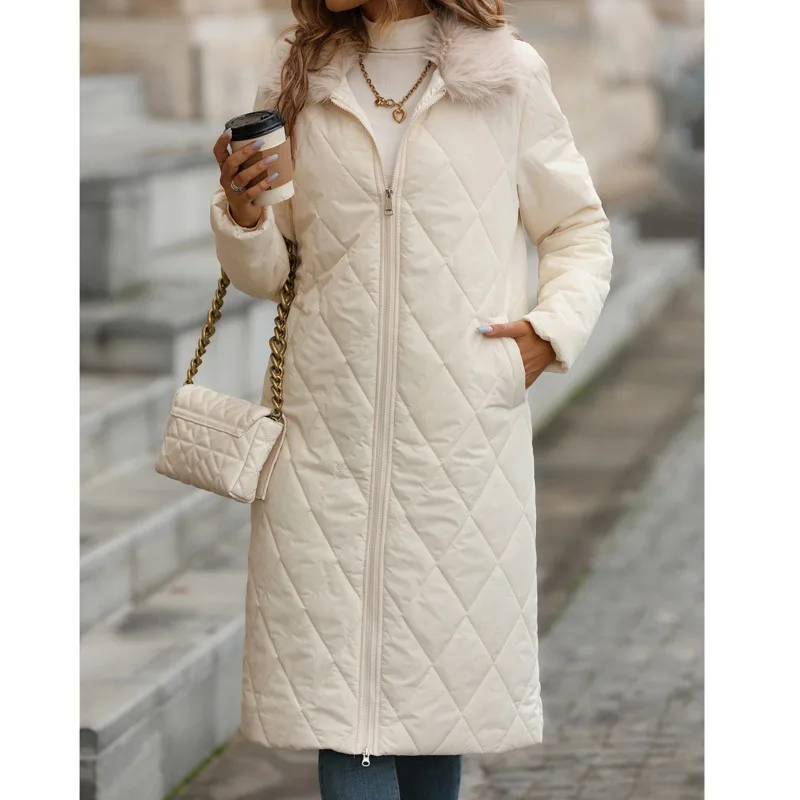 

Женское зимнее пальто, модное Белое Женское пальто, новинка 2023, длинное приталенное хлопковое пальто на молнии с шерстяным воротником, повседневные свободные длинные парки