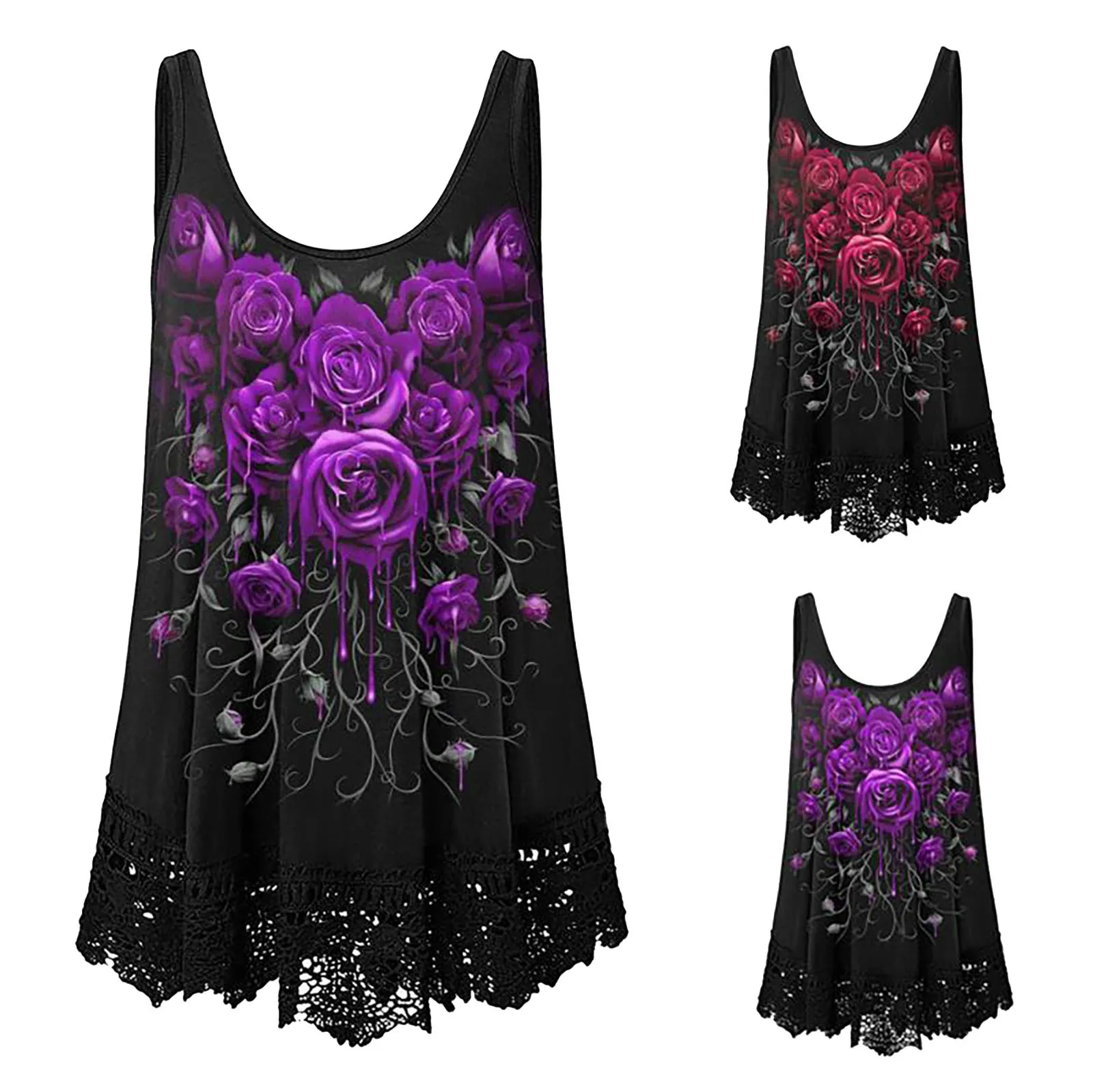 

Women's Summer Casual Sexy Loose Sleeveless Round Neck Rose Print Lace A Line Outerwear Tank Top Womens Long Vest Petite