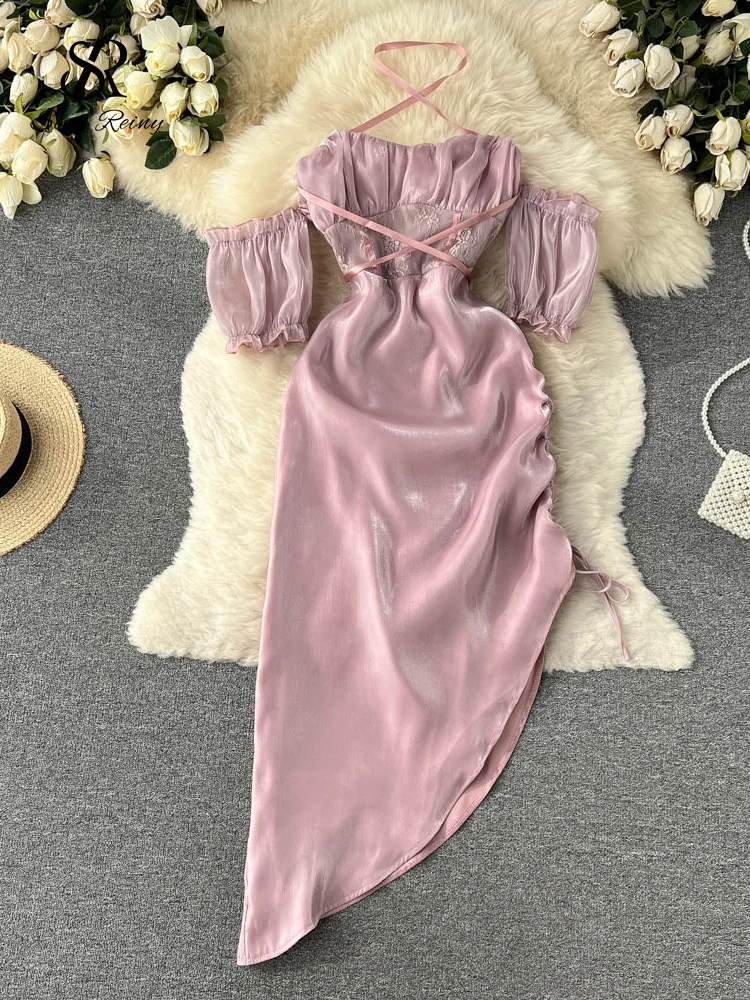 

LIRUICHENG Lace Splice Women Summer Dress 2023 Zipper Irregular Separate Sleeves Halter Ruffled Drawstring Ladies A Line