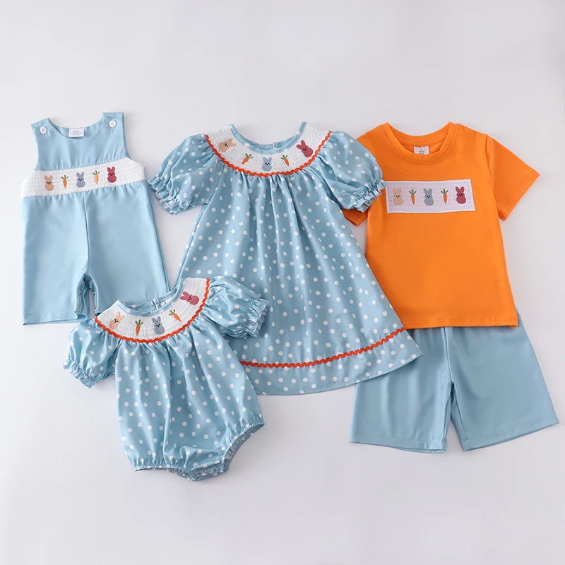 

Girlymax Clothing Polka Sibling Woven Smockes Girls Exclusive Baby Romper Bunny Buny Dot Set Spring Boys Dress Easter Shorts