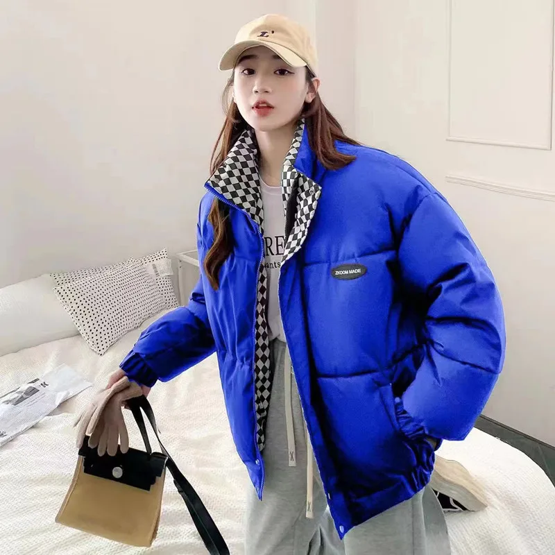 2022 Winter Women Parkas Down Cotton Padded Jacket Zipper Loose Bread Coat Female Solid Thickening Warm Puffer Jacket Chessboard