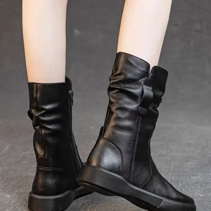 Теплые женские туфли до середины икры большого размера полувысокие сапоги с