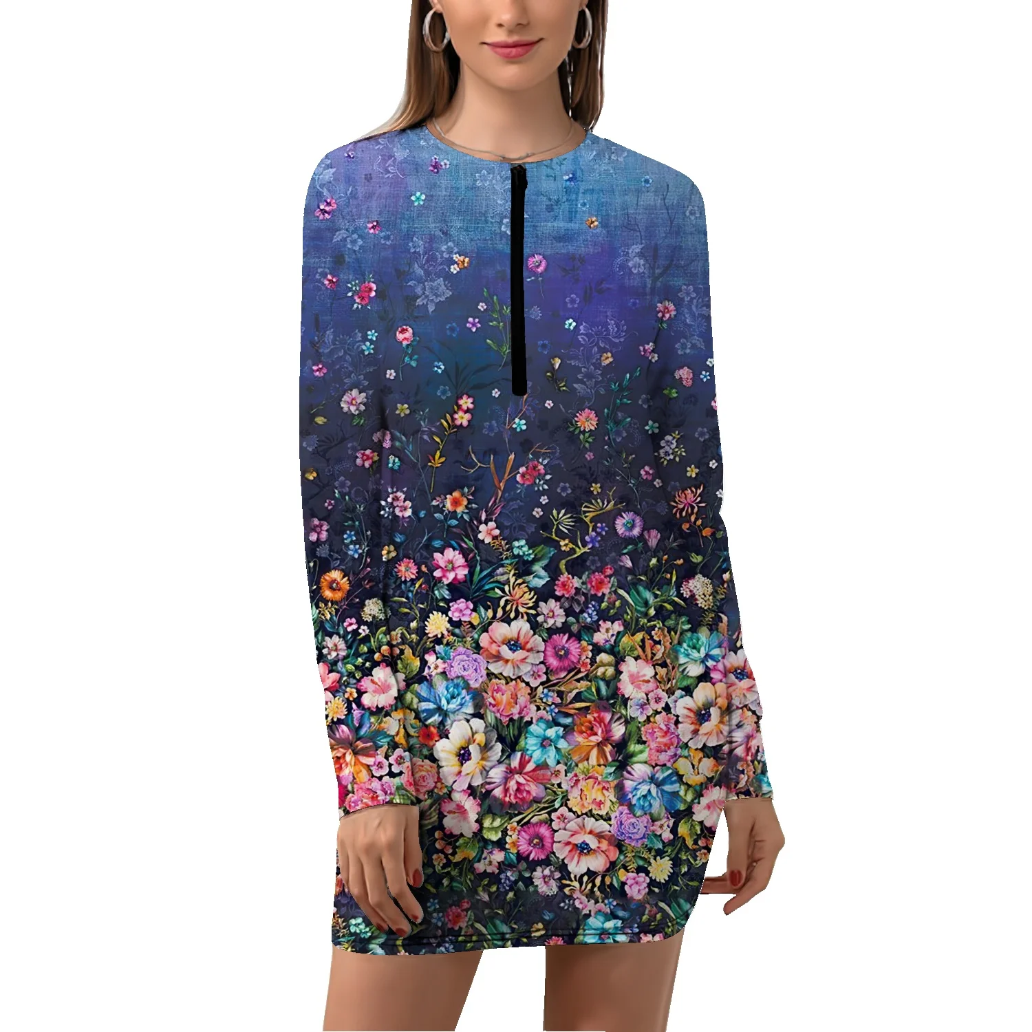 

Женская короткая юбка с цветочным принтом, длинным рукавом и V-образным вырезом