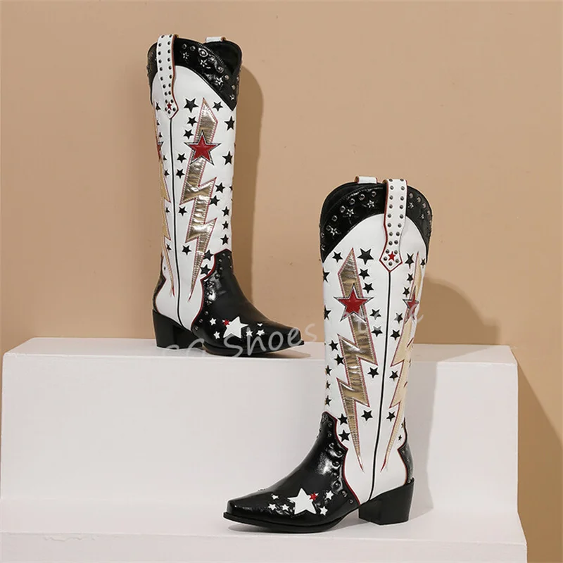 Женские ажурные ботинки со звездными заклепками Разноцветные длинные на