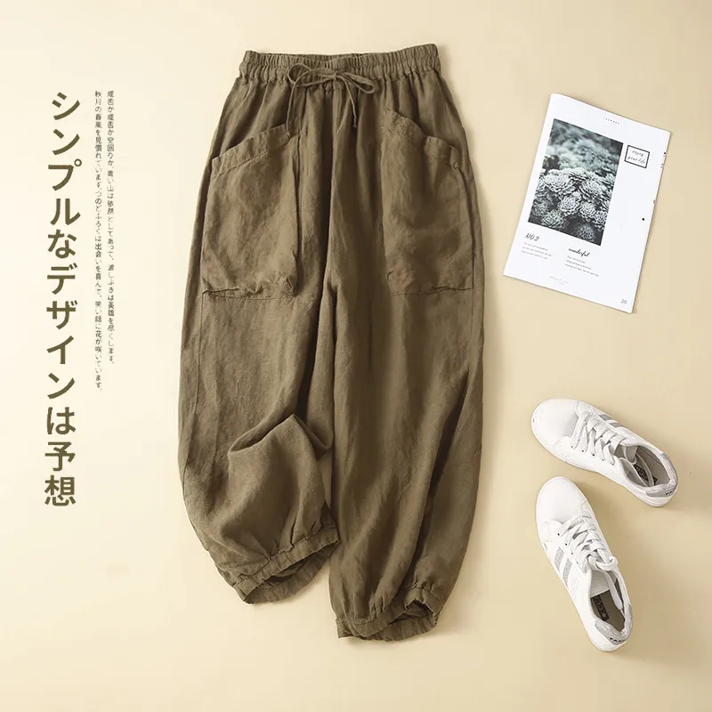 

Брюки Limiguyue женские хлопково-льняные, винтажные повседневные штаны-султанки с большими карманами, на завязках, брюки до щиколотки, U639, на лето
