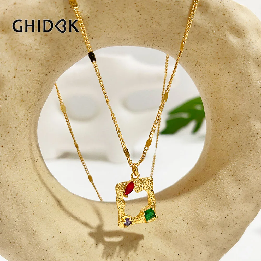 

Ghidbk Gold Plated Harmmered Rectangle Pendant Necklace with Rainbow Cubic Zirconia Irregular Hollow Necklaces Pendants New