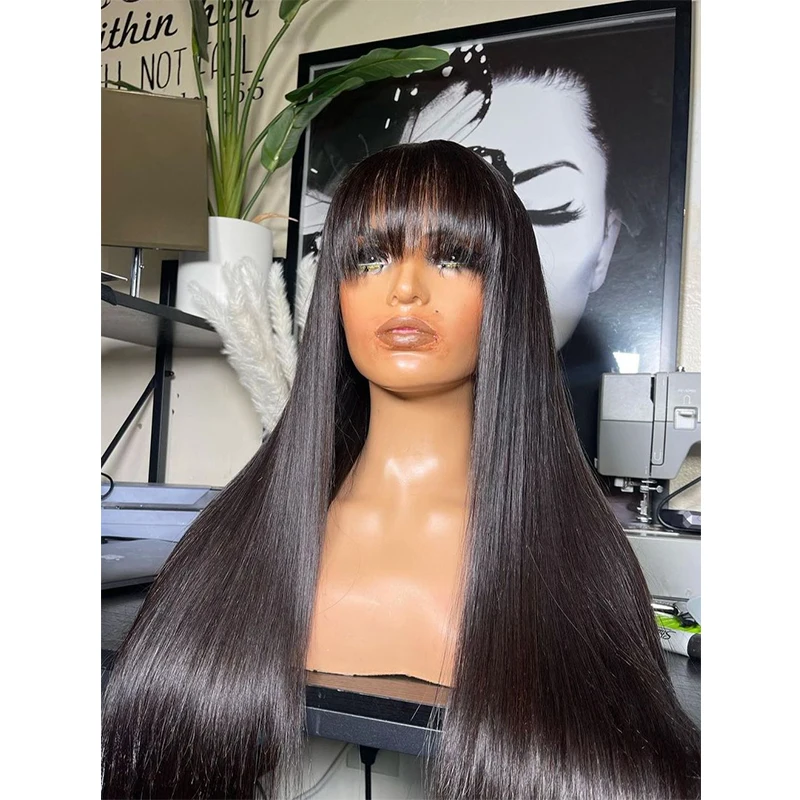 

Long 26 inch Silky Straight Wig With Bangs Synthetic Machine Wig Natural Black Heat Resistant Fiber Wig For Women