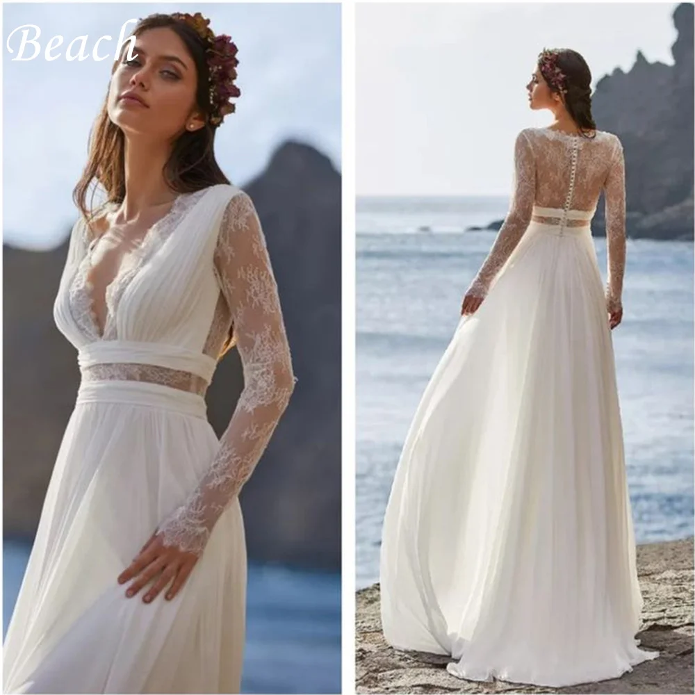 

Beach Deep V Neck Long Sleeves Wedding Dress For Bride 2023 Illusion Split A Line Simple Chiffon Bridal Gown Robe De Mariee