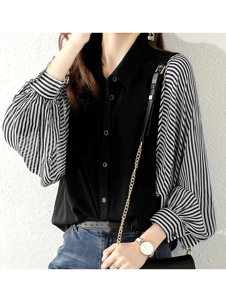 

Fashion Lapel Neck Patchwork Shirt ZANZEA Spring Women Long Sleeve Striped Blouse Casual Blusas Female Buttons OL Work Top Mujer