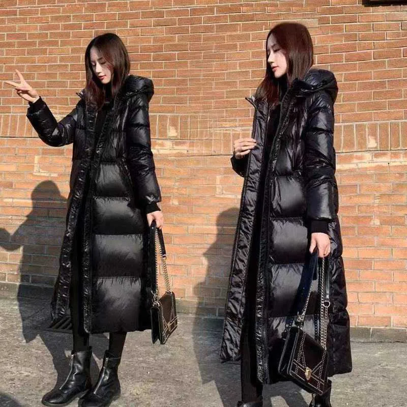 

Черное глянцевое длинное хлопковое пальто, женская ветрозащитная непромокаемая утепленная верхняя одежда, модная зимняя Свободная куртка ...