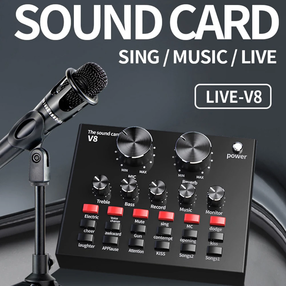 

V8 Audio Sound Card USB External Headset Microphone Mixer For PC Phone Webcast Live Broadcast 12 Sound Effects Lightweight