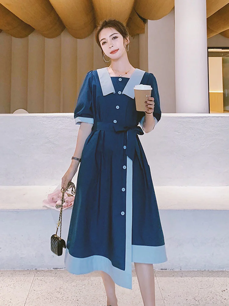 

Women Patchwork Long Dress Lapel Short Sleeve Single Breasted Sashes Slim Fit A-line 2022 Summer Female Clothing B192