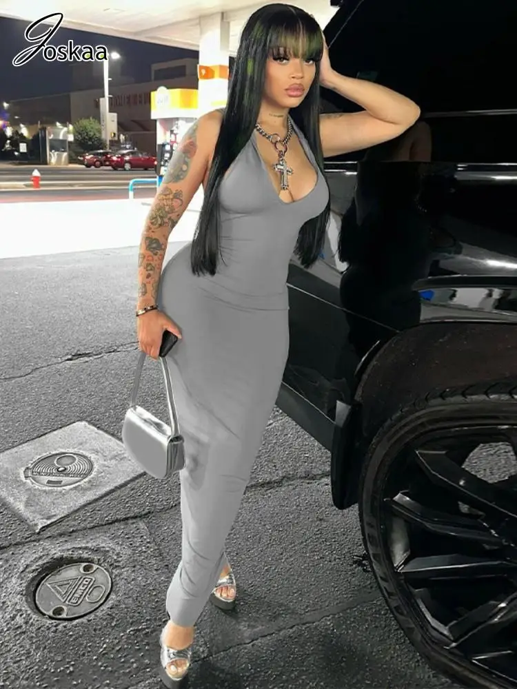 

Joskaa Elegant Gray Hooded Sleeveless Maxi Dresses Women Sexy V-Neck Backless Bandage Bodycon Dress Fall 2023 Party Clubwear