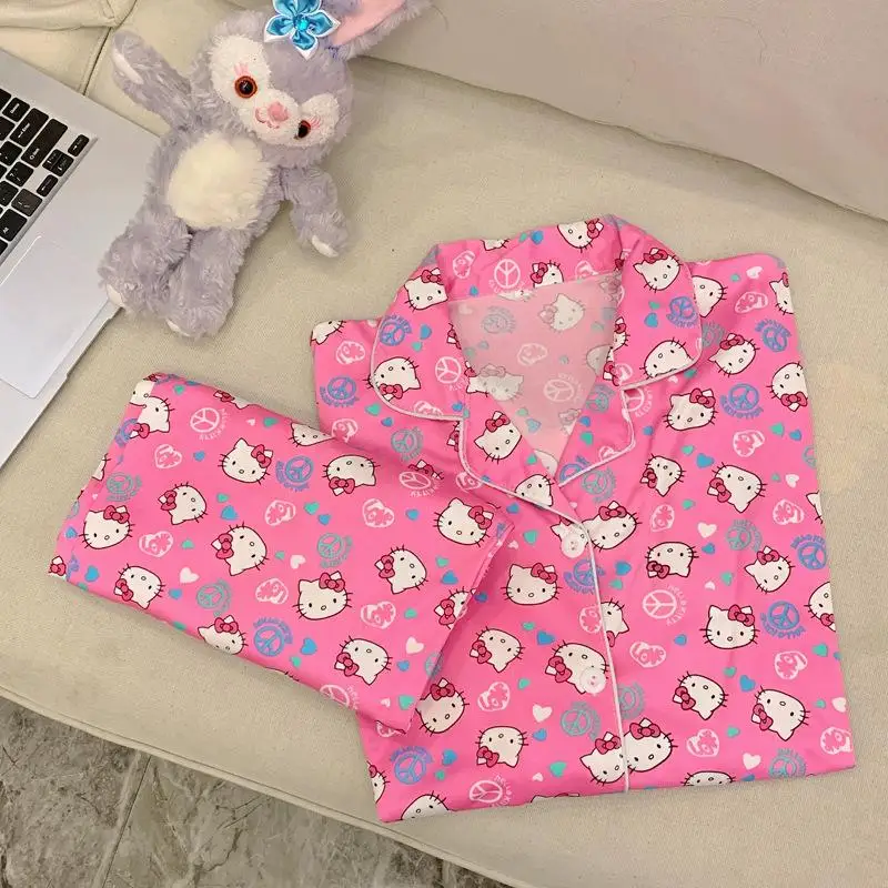 

Kawaii Sanrioed Hello Kitty Spring Autumn Pajamas Cardigan Lapel Kt Long Sleeve Pants Cartoon Cute Homewear Toys for Girls