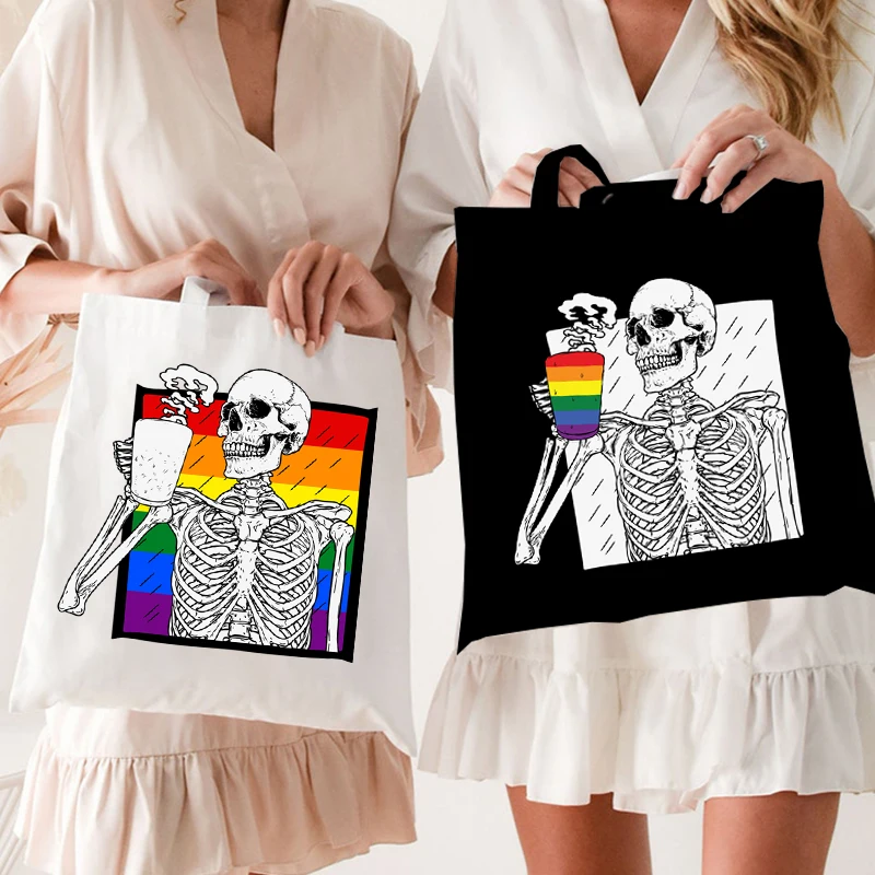 

ЛГБТ женские сумочки, забавная Радужная сумка через плечо с рисунком черепа, сумки-тоуты для лесбиянок, геев, бисексуалов, сумки для покупок ...