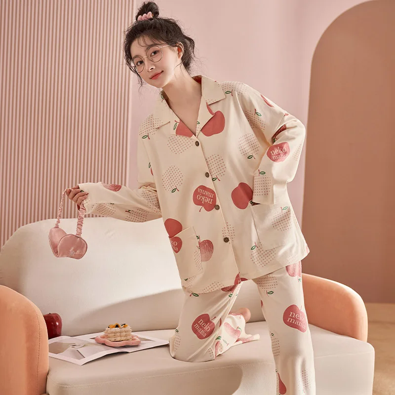Yasuk Spring Autuum Fashion Women's Casual Print Pocket Sleepwear Homewear Cute Lovely Pajamas With Pants Soft Cotton Peach