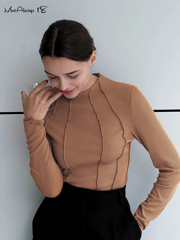 

Mnealways18 Round Neck Knitted Bodycon T-Shirt Women Frill Long Sleeve Solid Basic Tops Winter 2022 Female Inner Tee Office Lady