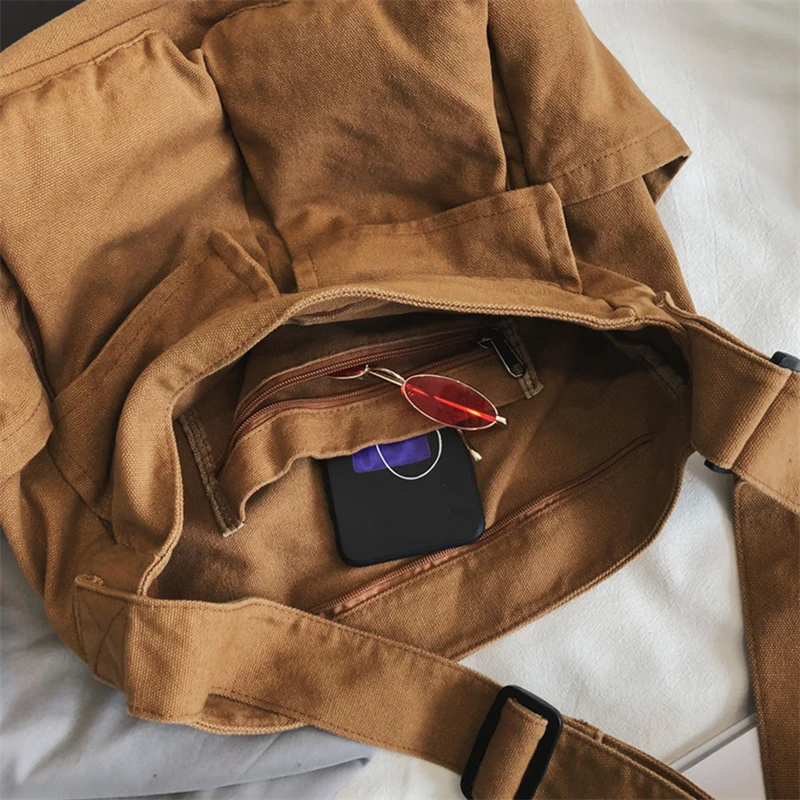 Retro Multi Pockets Canvas Handbag Male Teenager Student Over Large Street Hip Hop Zipper Messenger Bag Female Crossbody Bag